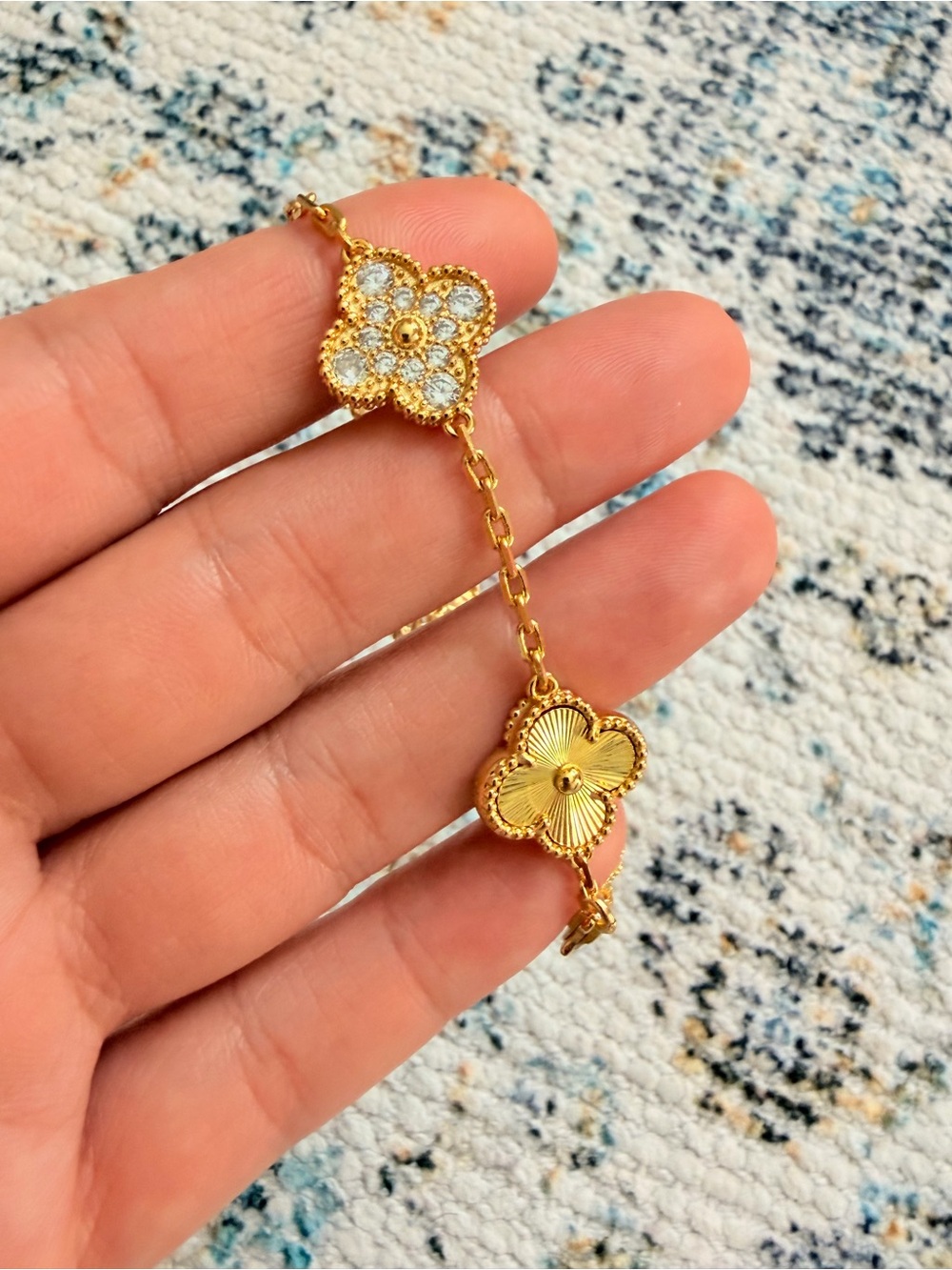 Gold Clover Link Bracelet with Crystal Accents - Timeless Floral Design - Picture 2 of 5